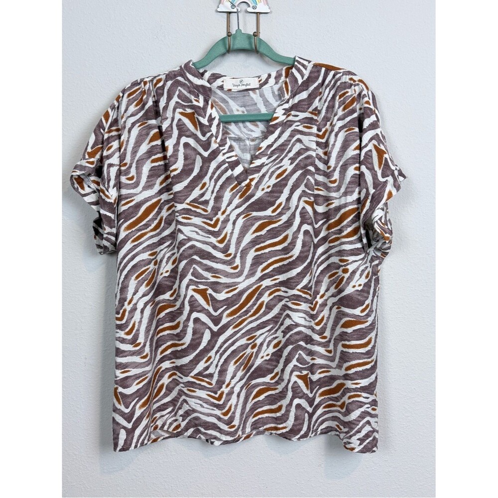 Yiayia Ponytail V-Neck Short Sleeve Brown Zebra Print Top XL